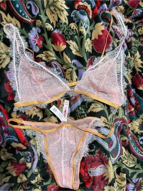 #152 Victoria's Secret Pink Sheer Lace Bralette & Thong with Gold Trim